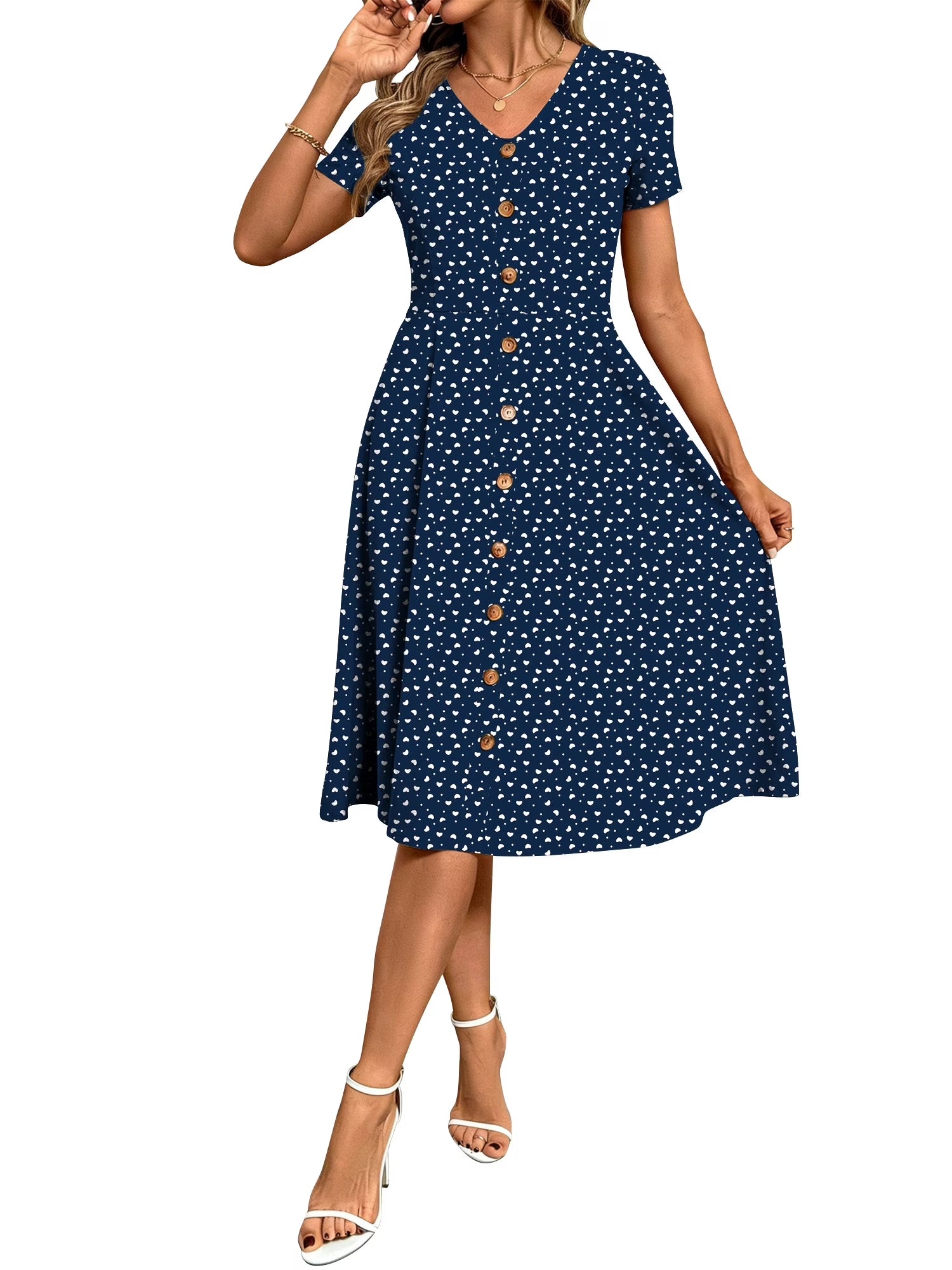 Summer Dresses for Women Button Floral Midi Sundress Short Sleeve V Neck Casual Polka Dot Dress L