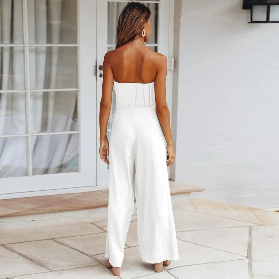 Sandy | Women'S Strapless Tie Waist Wide Leg Jumpsuit