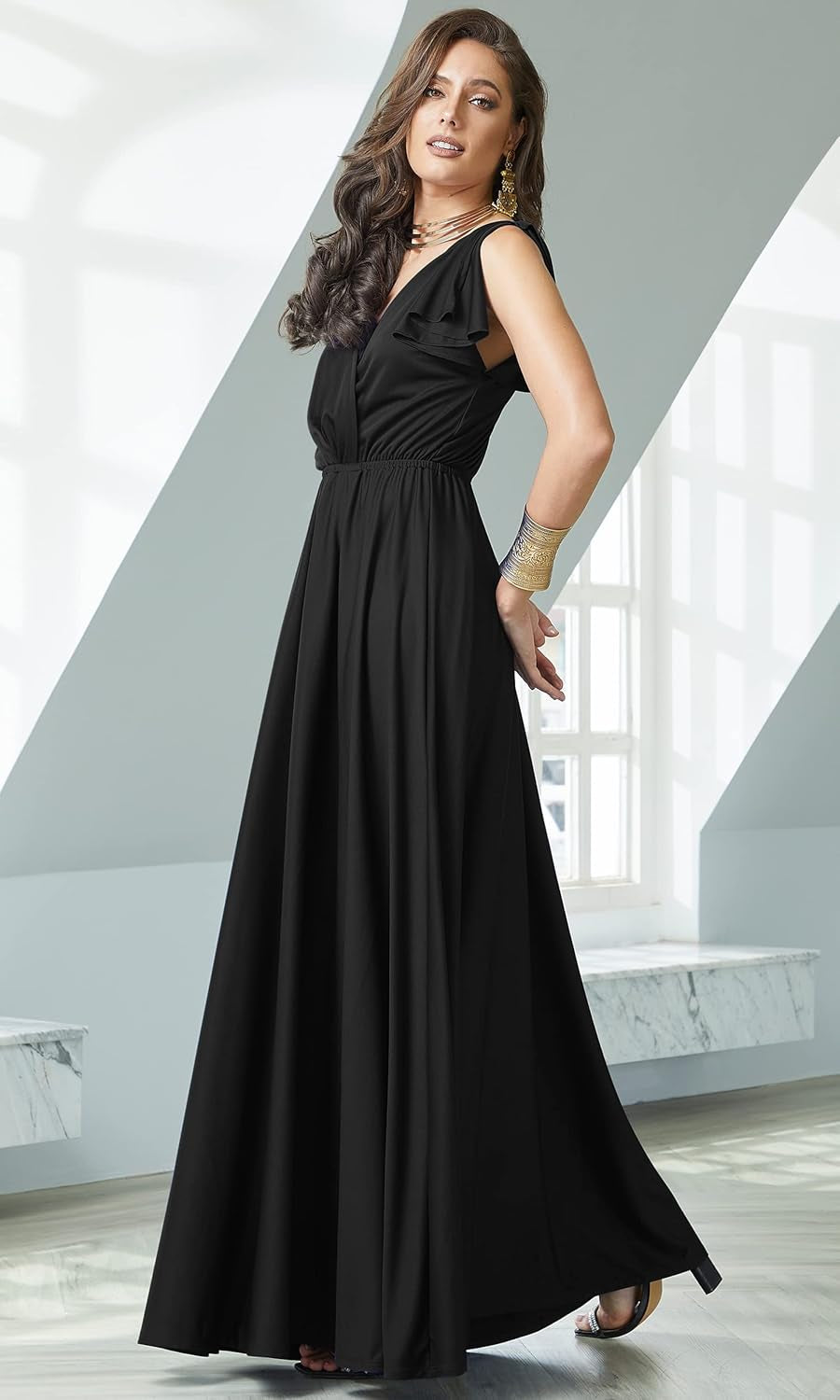 Women's 2026 Long V-Neck Ruffle Sleeveless Maxi Dress for Bridesmaids and Prom