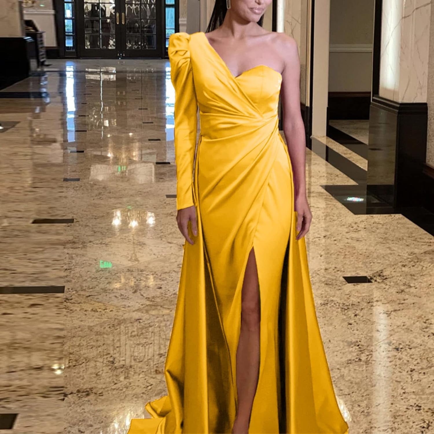 Women Split Evening Gowns One Shoulder Long Sleeve Dresses Solid Color Banquet Party Long Dress