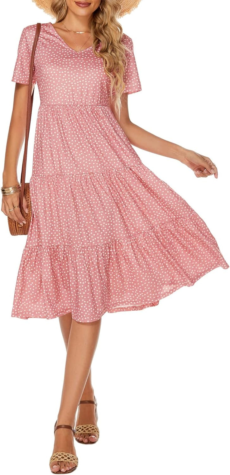 Women's Bohemian Tiered Midi Dress - Short Sleeve V-Neck Loose Cotton Ruffle Babydoll Sundress for Summer 2025