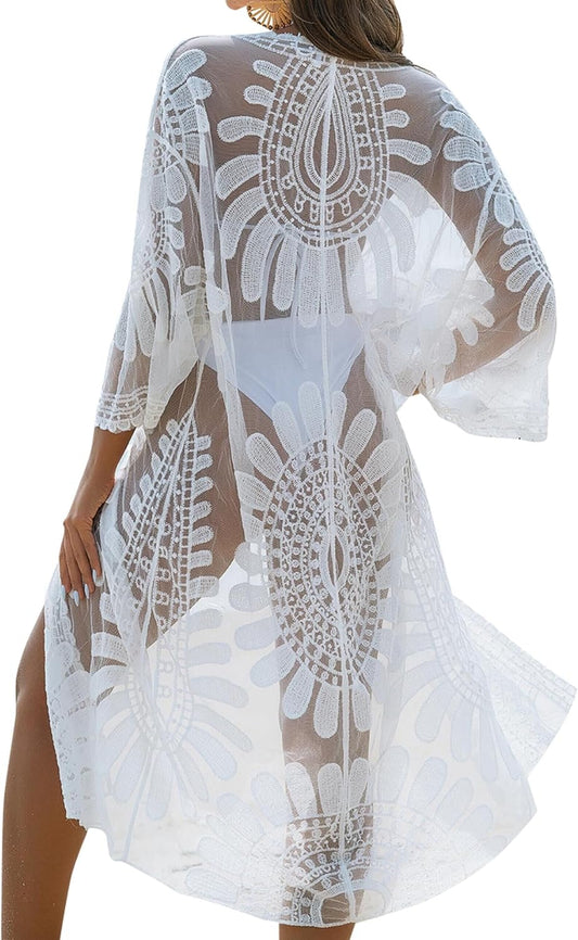 Womens Bathing Suit Cover up 3/4 Sleeve Mesh Swimsuit Coverup Long Floral Beach Lace Kimono Summer Cardigan