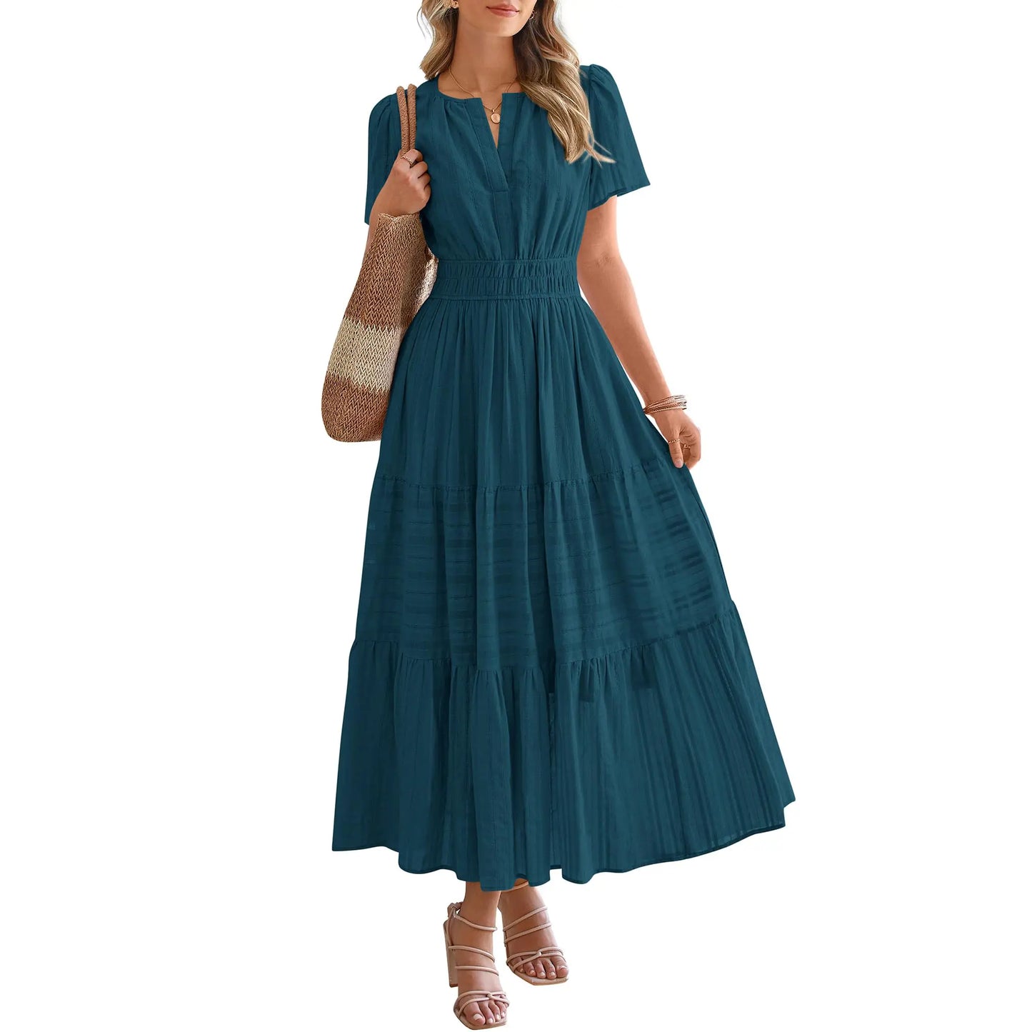 BTFBM Women's Summer 2026 Lightweight Casual Maxi Dress with Short Sleeves, V-Neck, Bohemian Style, and Pockets