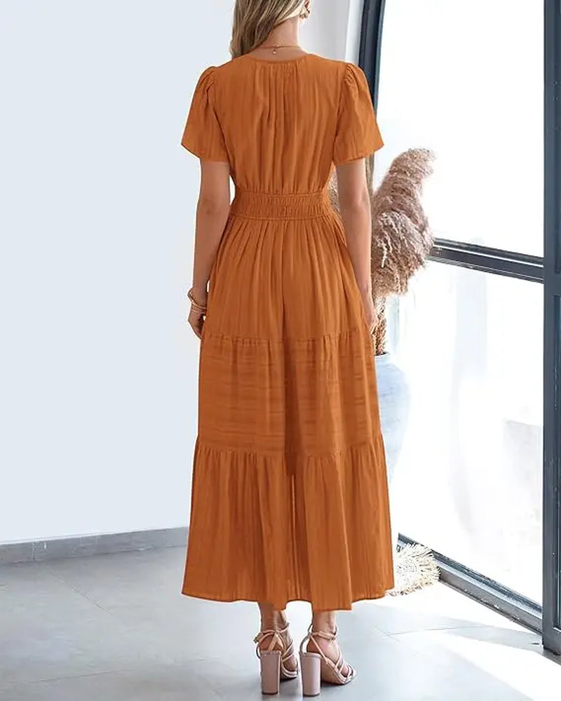 BTFBM Women's Summer 2026 Lightweight Casual Maxi Dress with Short Sleeves, V-Neck, Bohemian Style, and Pockets
