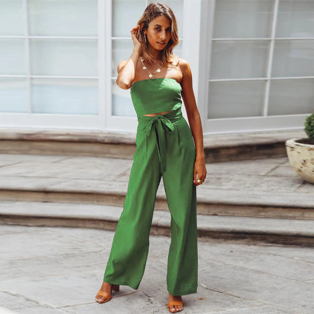 Sandy | Women'S Strapless Tie Waist Wide Leg Jumpsuit