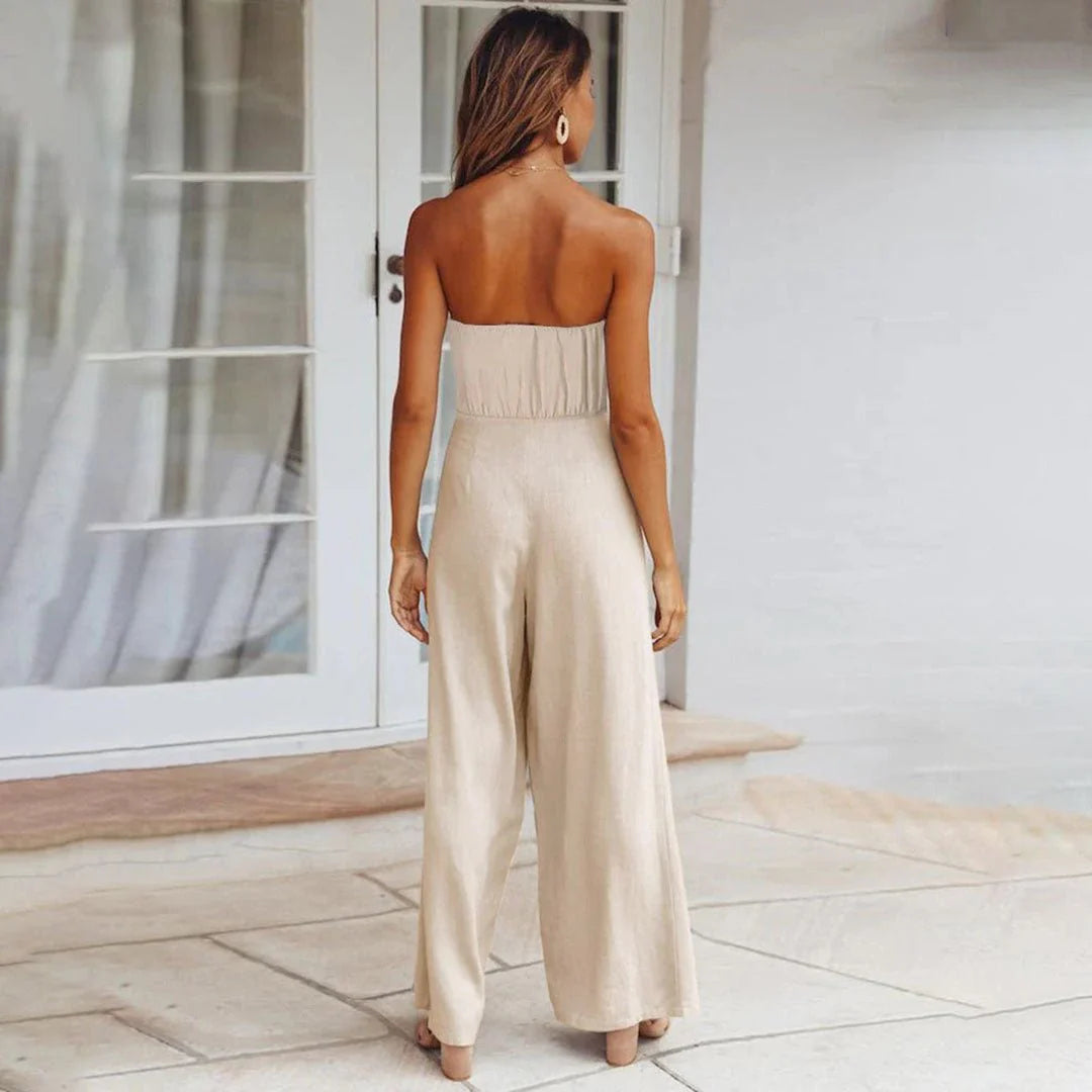 Sandy | Women'S Strapless Tie Waist Wide Leg Jumpsuit