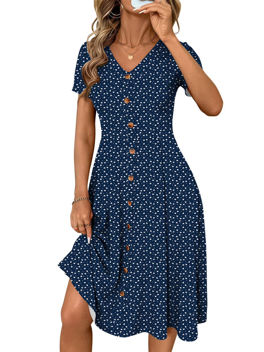 Summer Dresses for Women Button Floral Midi Sundress Short Sleeve V Neck Casual Polka Dot Dress L