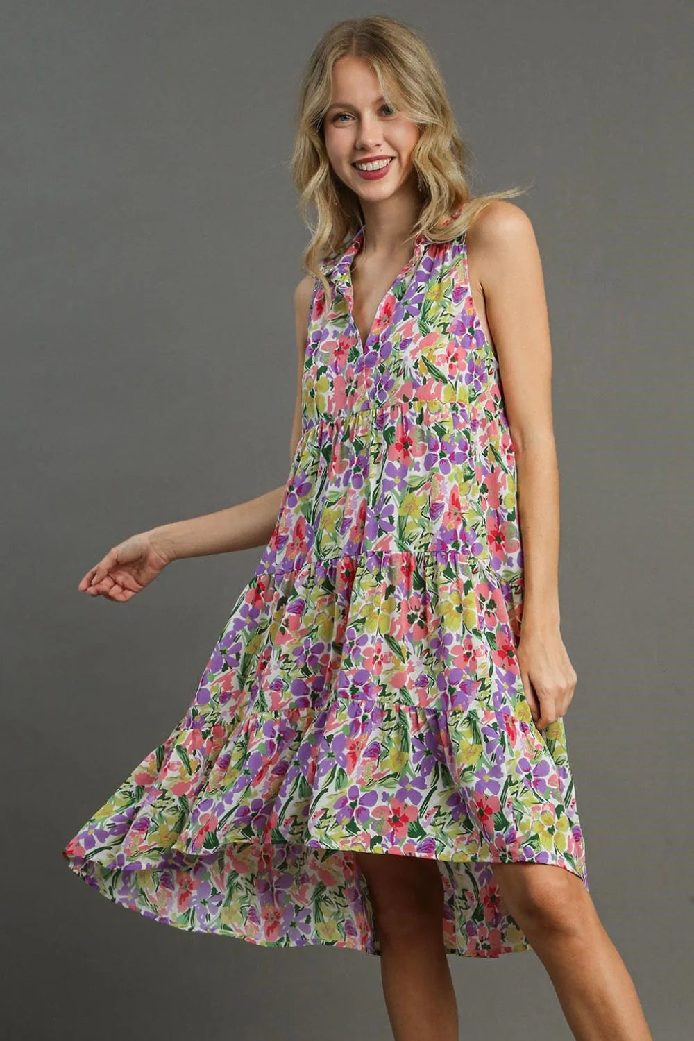 Umgee Full Size High-Low Hem Floral Sleeveless Tiered Dress plus Size