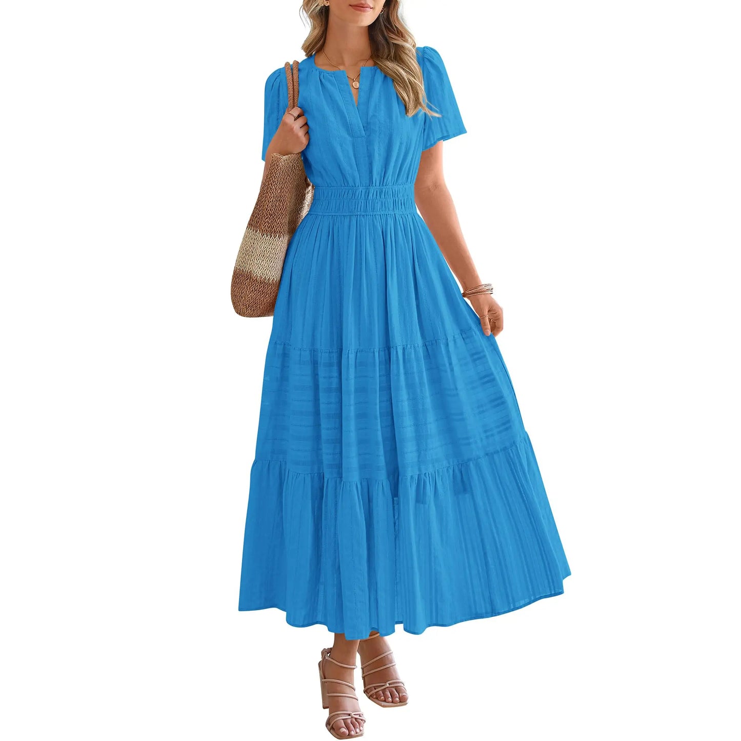 BTFBM Women's Summer 2026 Lightweight Casual Maxi Dress with Short Sleeves, V-Neck, Bohemian Style, and Pockets