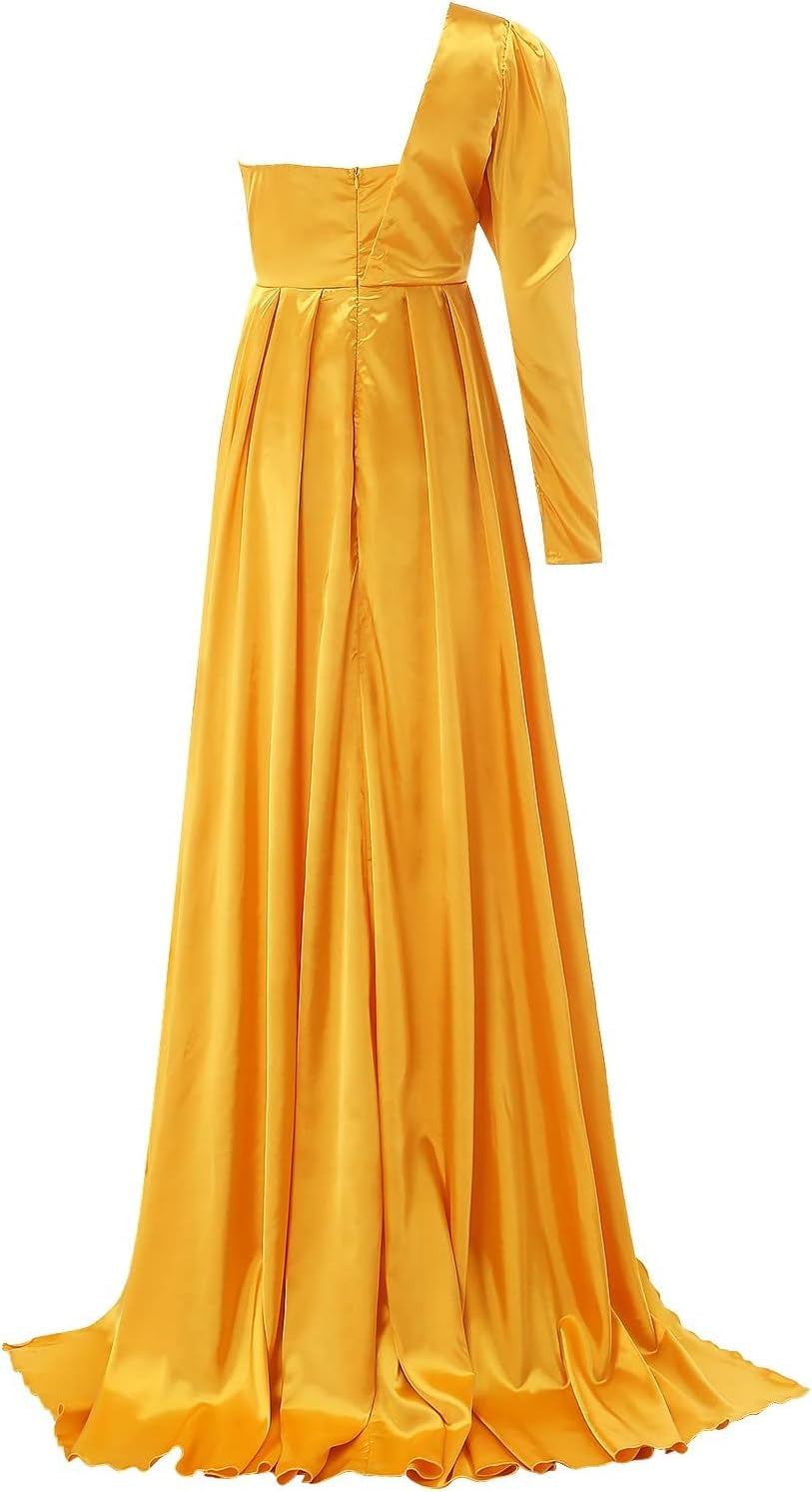 Women Split Evening Gowns One Shoulder Long Sleeve Dresses Solid Color Banquet Party Long Dress