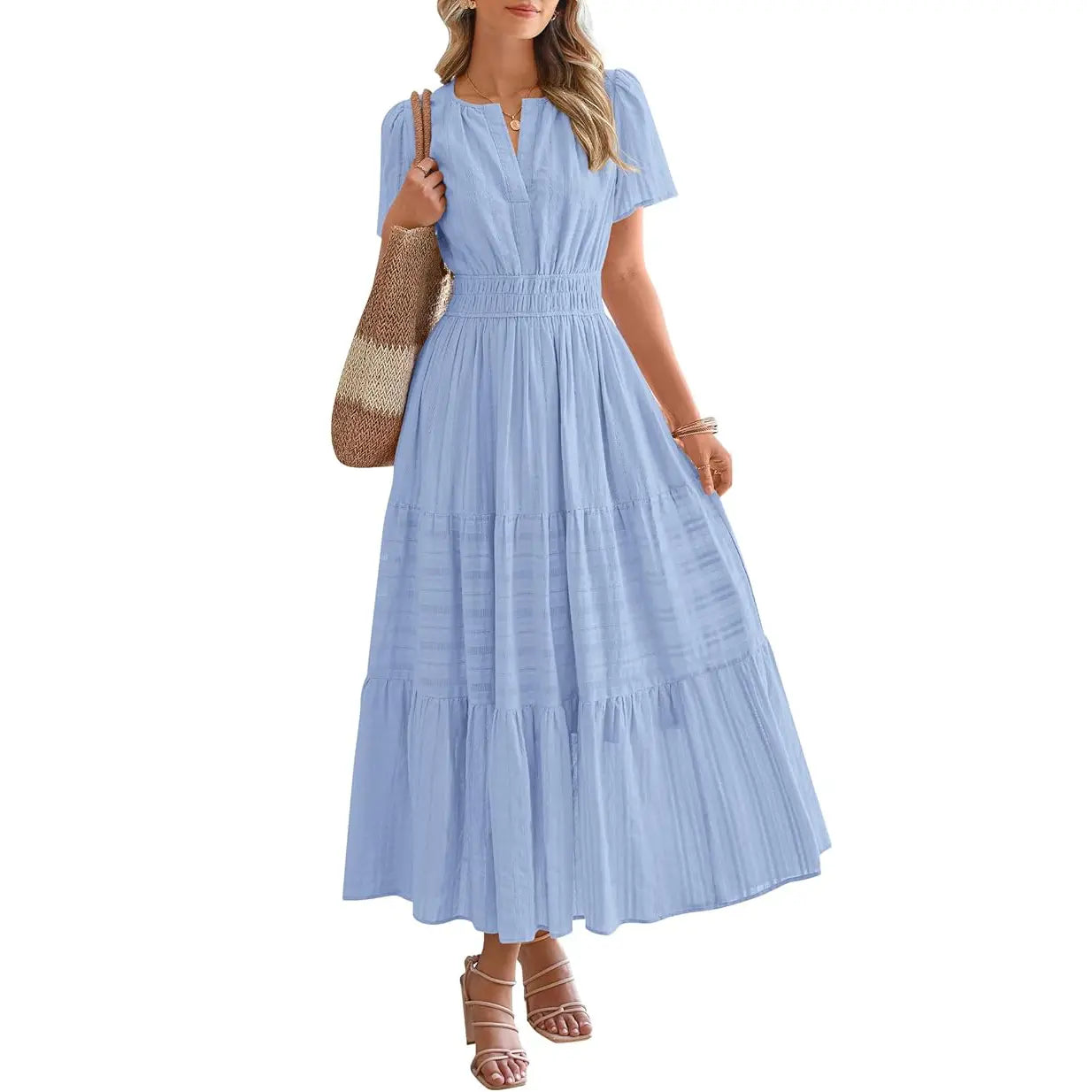 BTFBM Women's Summer 2026 Lightweight Casual Maxi Dress with Short Sleeves, V-Neck, Bohemian Style, and Pockets