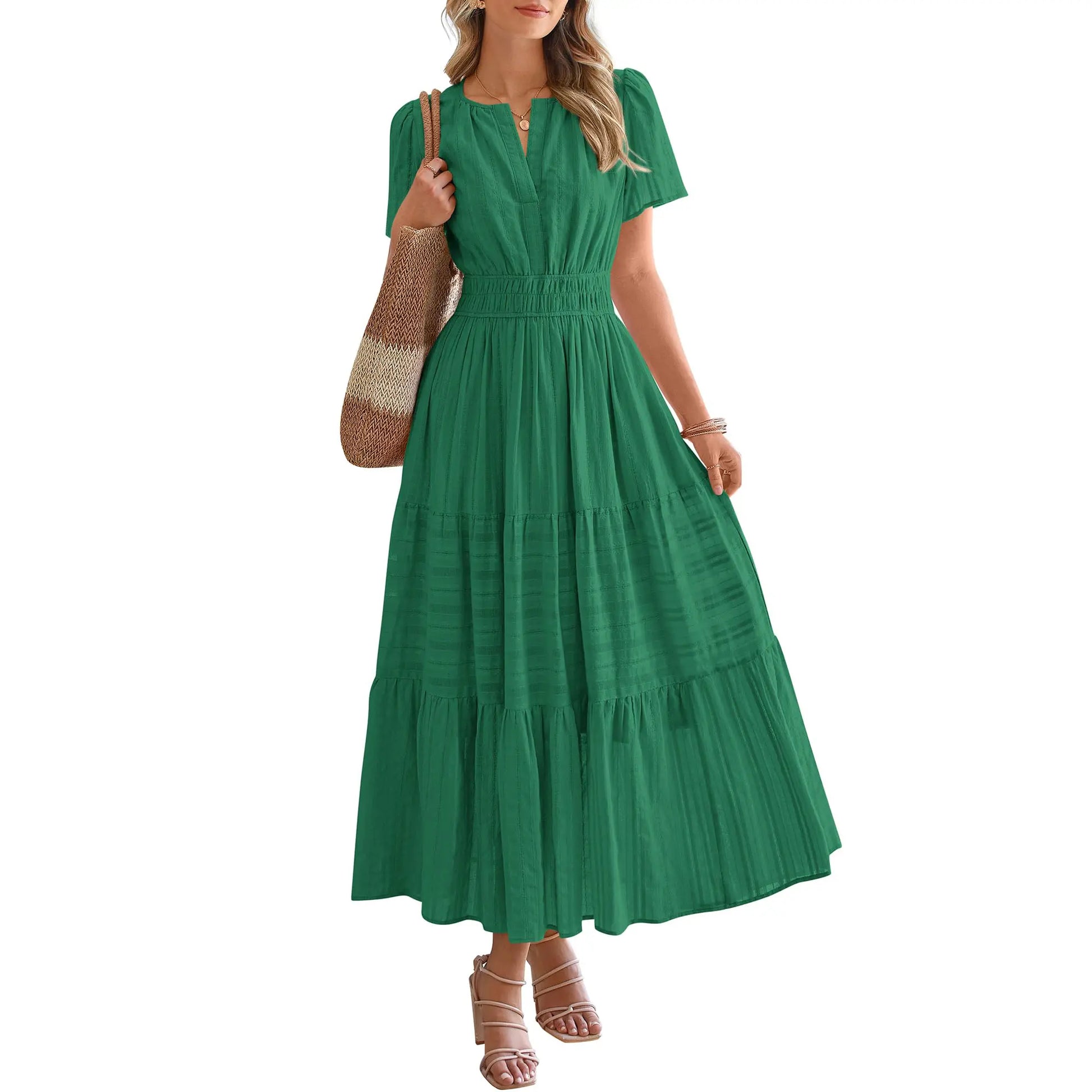 BTFBM Women's Summer 2026 Lightweight Casual Maxi Dress with Short Sleeves, V-Neck, Bohemian Style, and Pockets