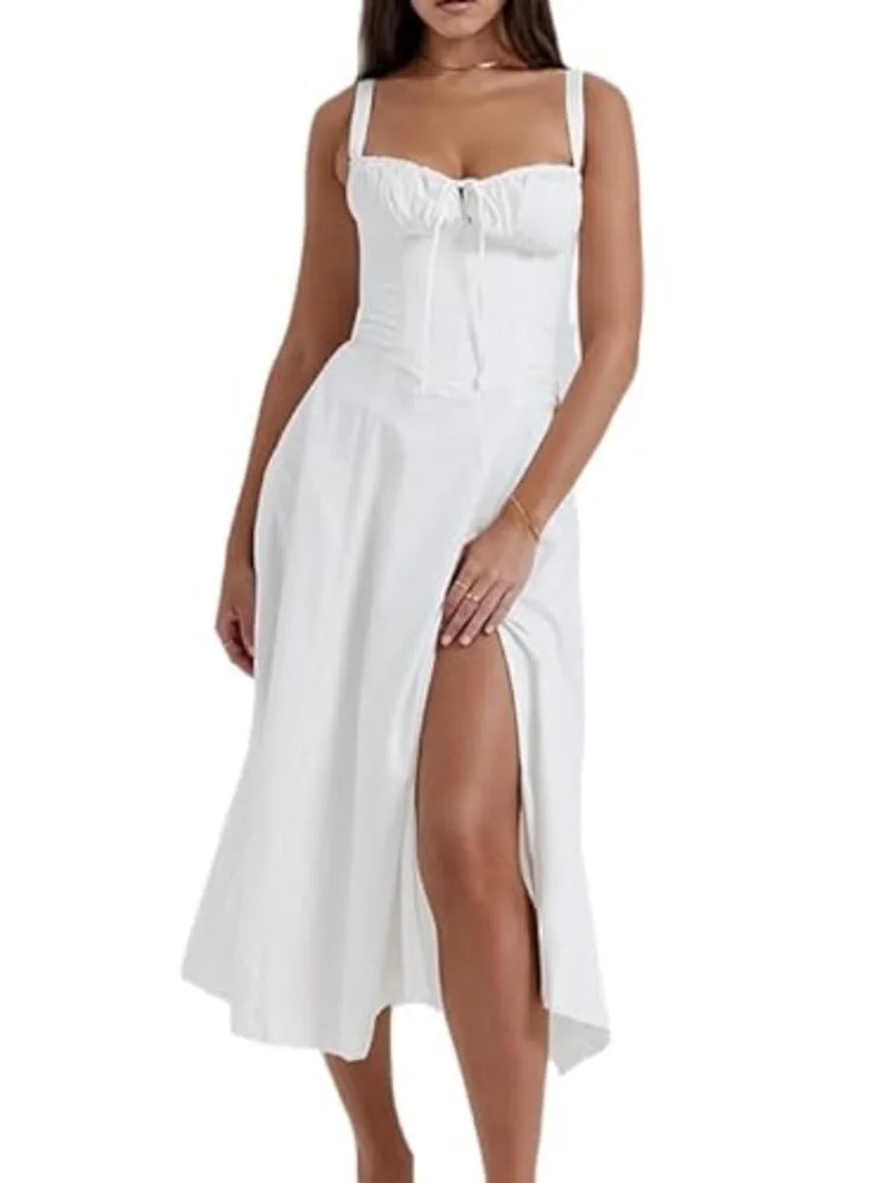 Women's Summer Bohemian Midi Dress with Spaghetti Straps and Tie Front, Floral Print, Sleeveless A-Line Beachwear