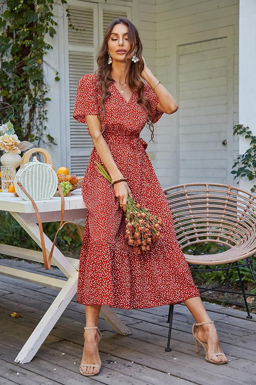 Women's Summer Floral Bohemian Maxi Dress with Short Sleeves, Wrap V-Neck, Ruffle Details, Flowing Design Suitable for Beach Weddings and Guest Attire
