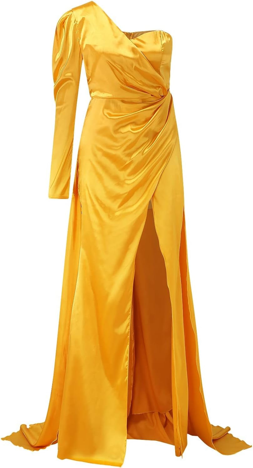 Women Split Evening Gowns One Shoulder Long Sleeve Dresses Solid Color Banquet Party Long Dress