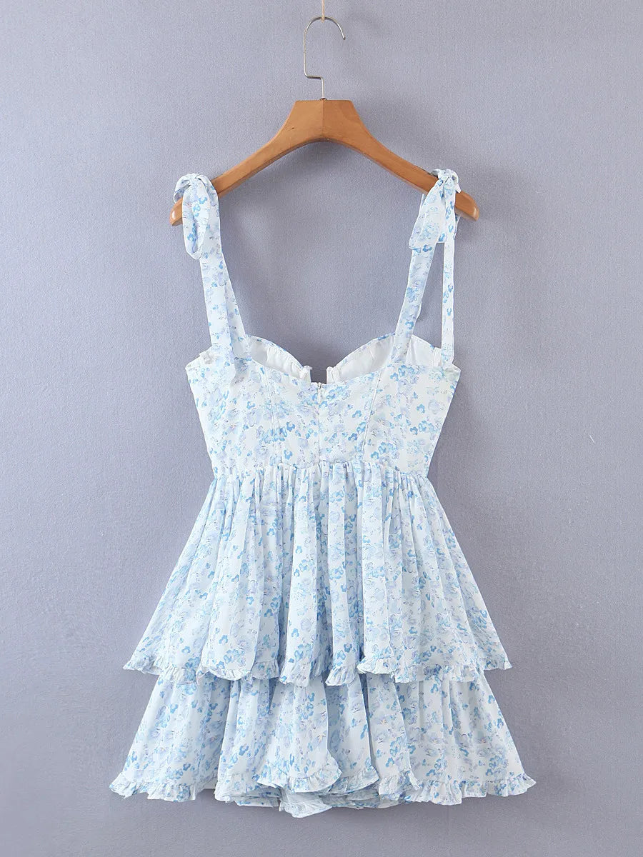 2022 Women Retro Slit V Neck Corset Tie Bow Strap Dress Floral Print Chiffon Wood Ears Ruffle Hem Cake Mini Party Dresses Robe