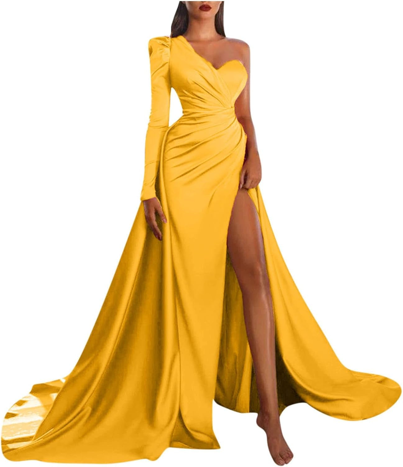 Women Split Evening Gowns One Shoulder Long Sleeve Dresses Solid Color Banquet Party Long Dress