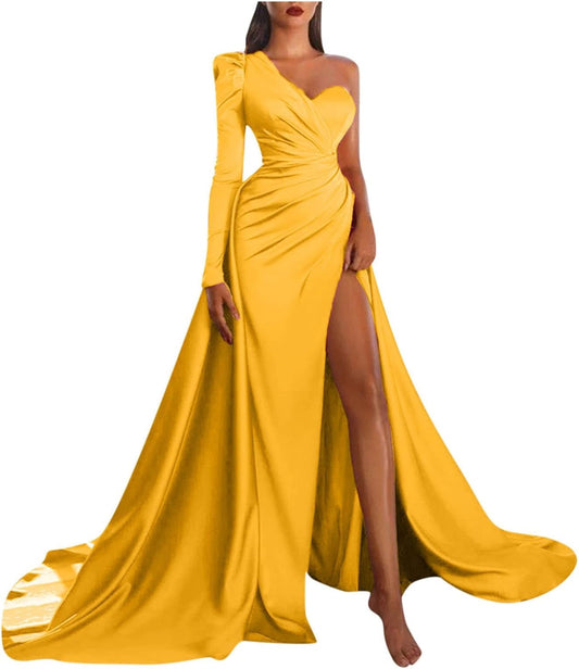 Women Split Evening Gowns One Shoulder Long Sleeve Dresses Solid Color Banquet Party Long Dress