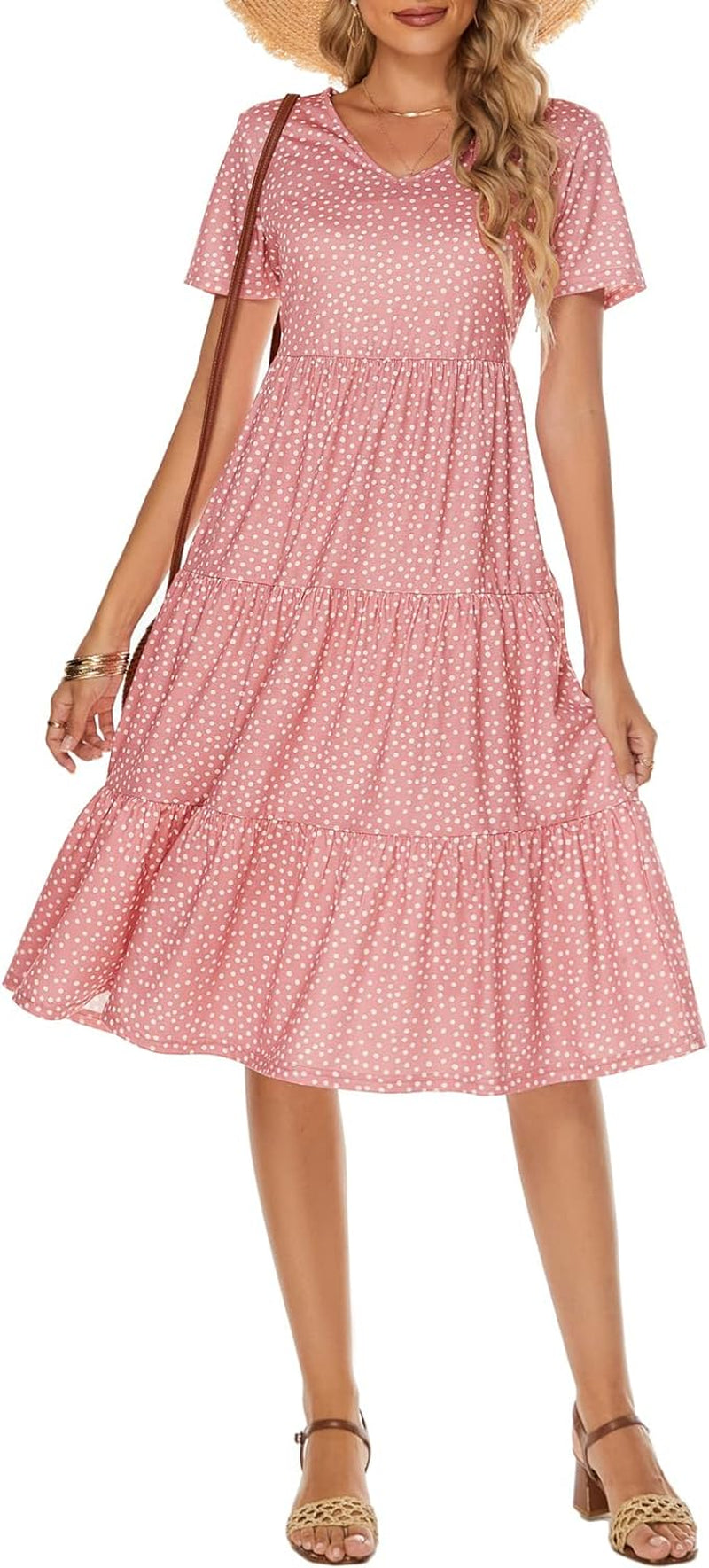 Women's Bohemian Tiered Midi Dress - Short Sleeve V-Neck Loose Cotton Ruffle Babydoll Sundress for Summer 2025