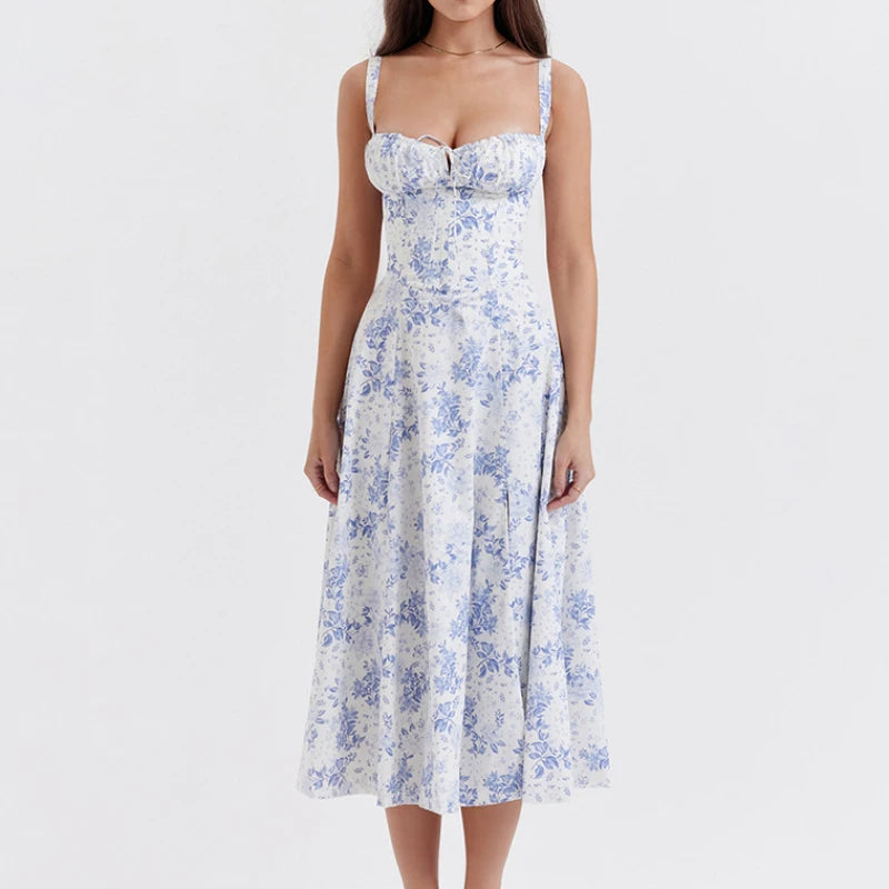 Women's Summer Bohemian Midi Dress with Spaghetti Straps and Tie Front, Floral Print, Sleeveless A-Line Beachwear
