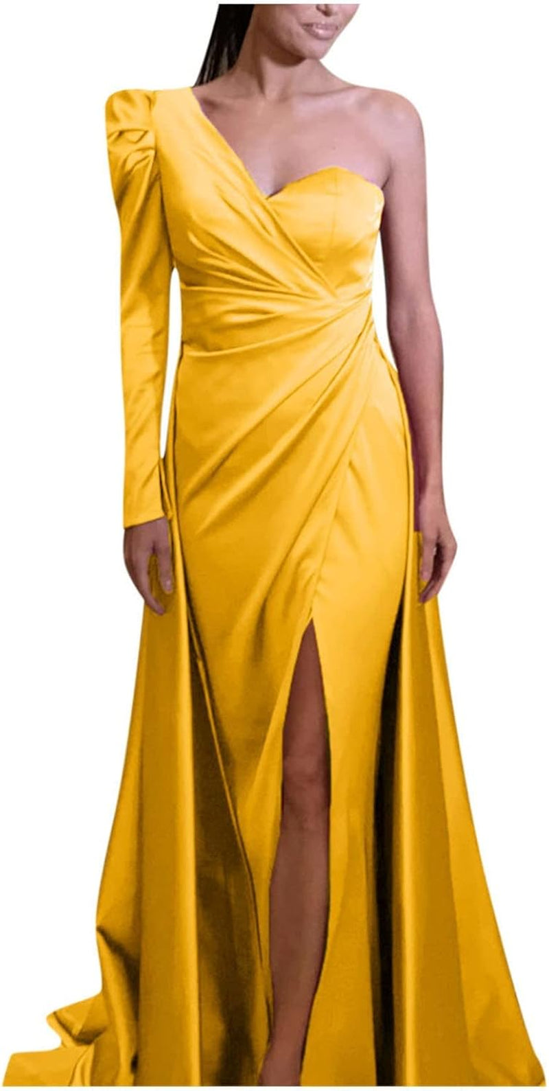 Women Split Evening Gowns One Shoulder Long Sleeve Dresses Solid Color Banquet Party Long Dress