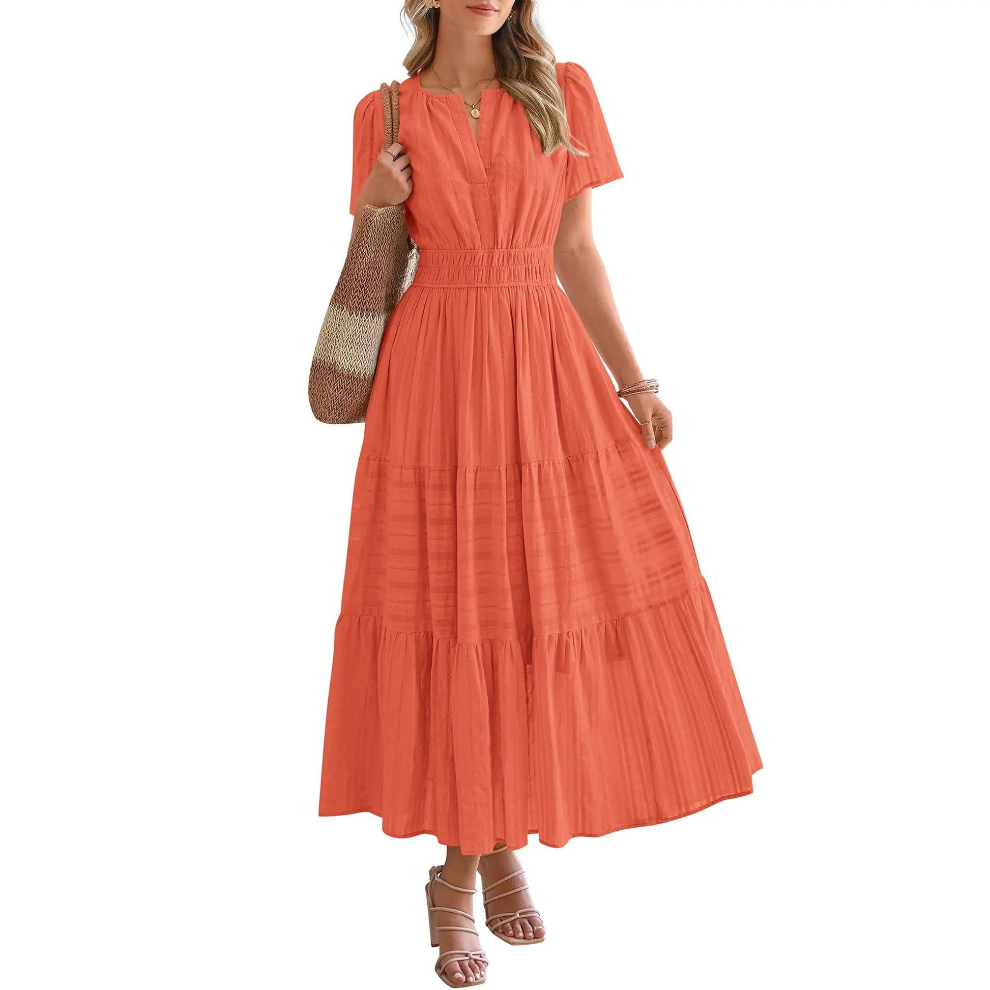 BTFBM Women's Summer 2026 Lightweight Casual Maxi Dress with Short Sleeves, V-Neck, Bohemian Style, and Pockets