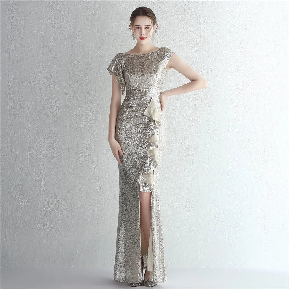 Elegant Gold Sequin Women's Evening Dress with Ruffles and Short Sleeves - Maxi Prom Dress 19228