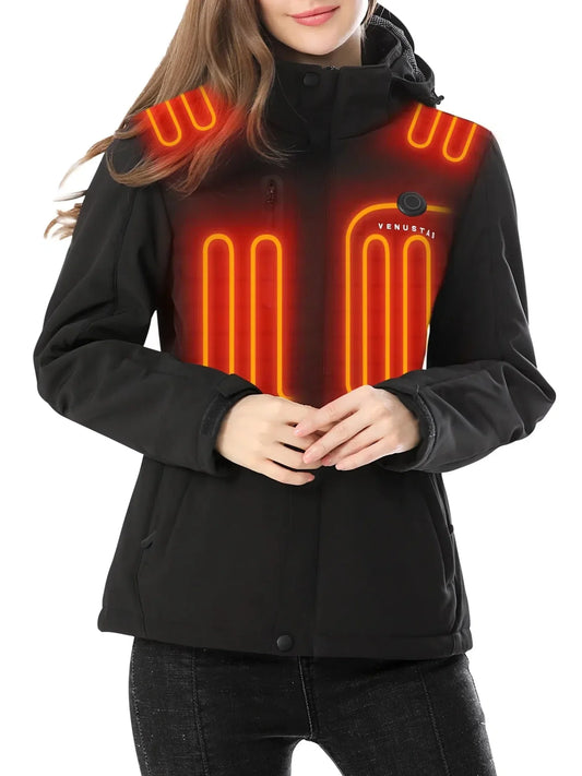 Women'S Heated Jacket with Battery Pack 7.4V, Windproof Detachable Hood USB Charging Winter Heated Coat for Hiking Skiing Camping (Black, XS)