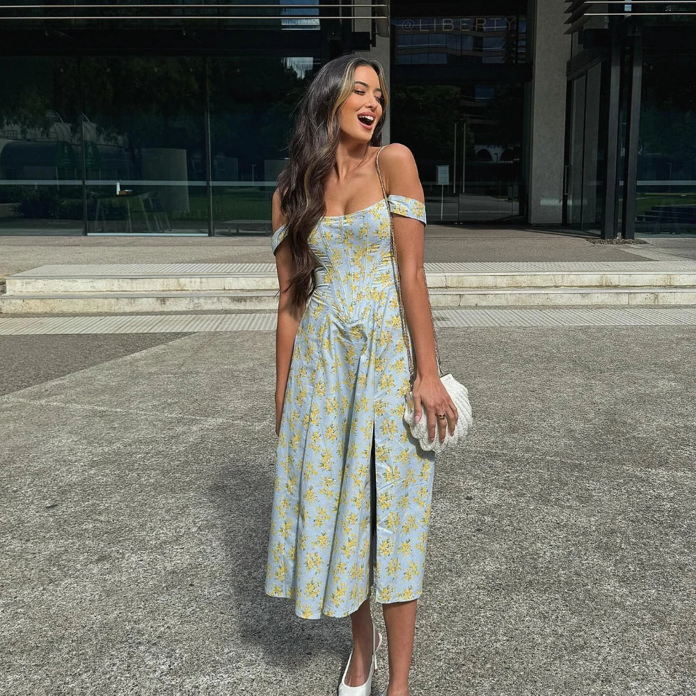 Elegant Summer Corset Dress 2024 New Arrivals Blue Slit Flower Print Flare Dress Midi Casual Lace up Holiday Dress