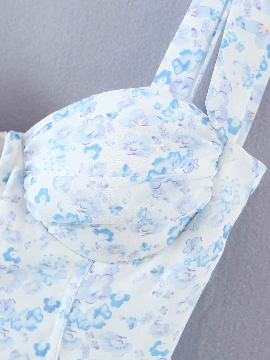 2022 Women Retro Slit V Neck Corset Tie Bow Strap Dress Floral Print Chiffon Wood Ears Ruffle Hem Cake Mini Party Dresses Robe