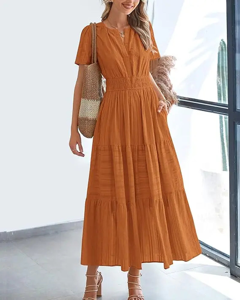 BTFBM Women's Summer 2026 Lightweight Casual Maxi Dress with Short Sleeves, V-Neck, Bohemian Style, and Pockets