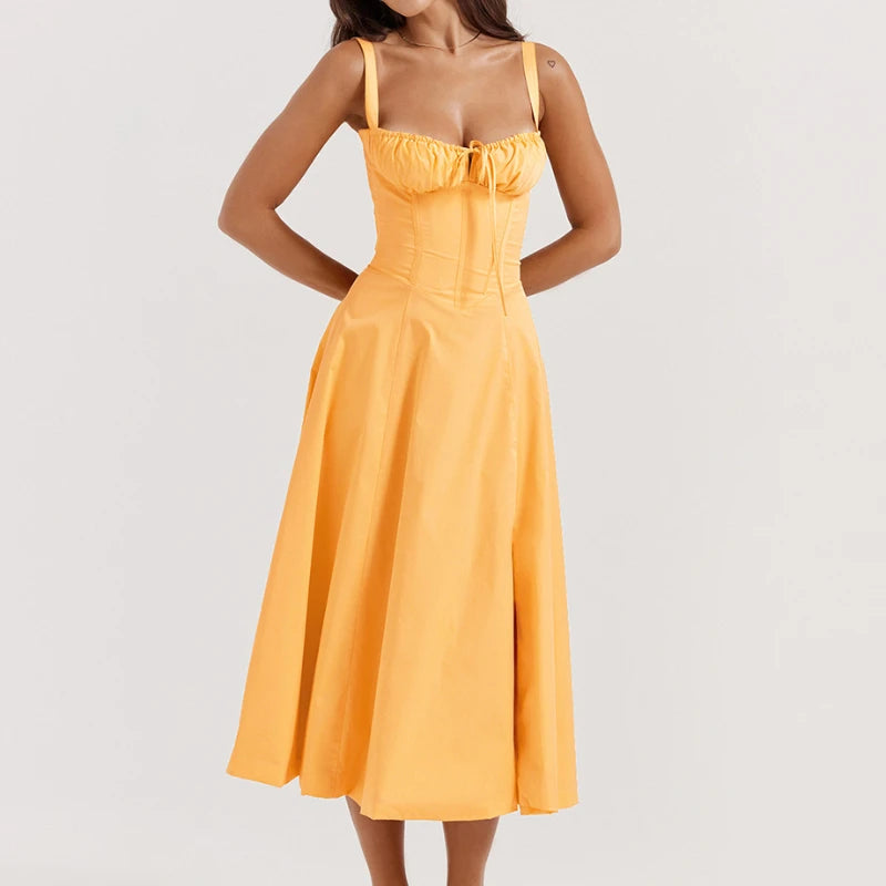 Women's Summer Bohemian Midi Dress with Spaghetti Straps and Tie Front, Floral Print, Sleeveless A-Line Beachwear