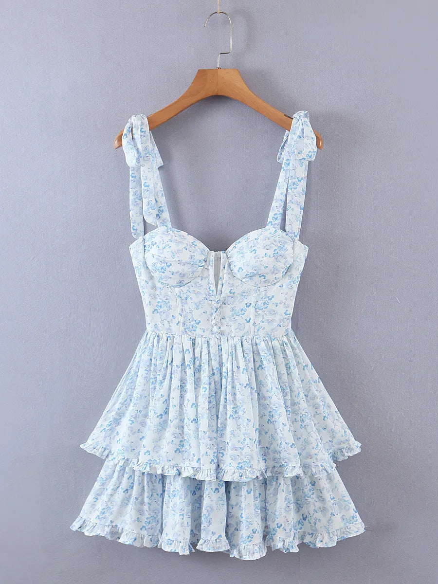 2022 Women Retro Slit V Neck Corset Tie Bow Strap Dress Floral Print Chiffon Wood Ears Ruffle Hem Cake Mini Party Dresses Robe