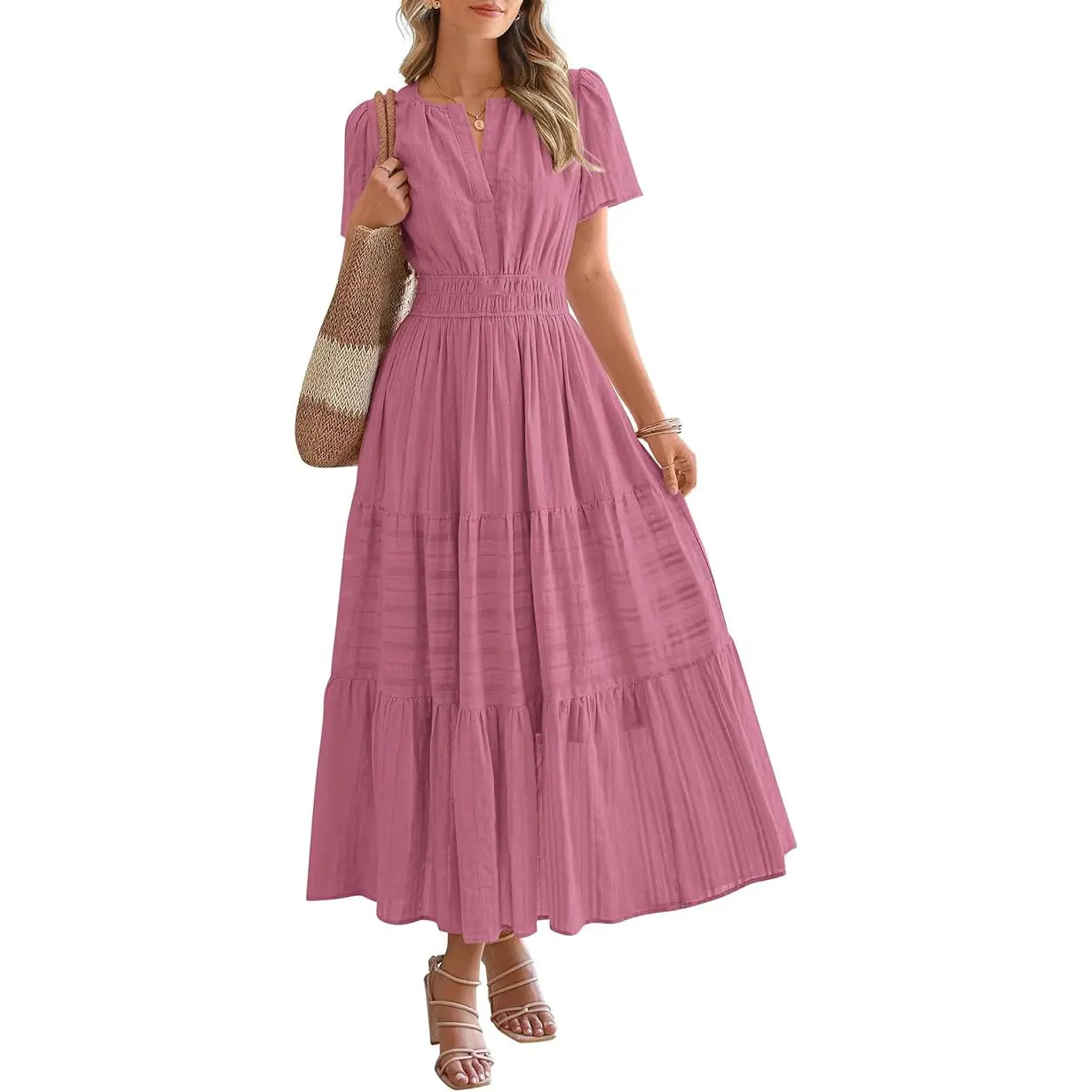 BTFBM Women's Summer 2026 Lightweight Casual Maxi Dress with Short Sleeves, V-Neck, Bohemian Style, and Pockets