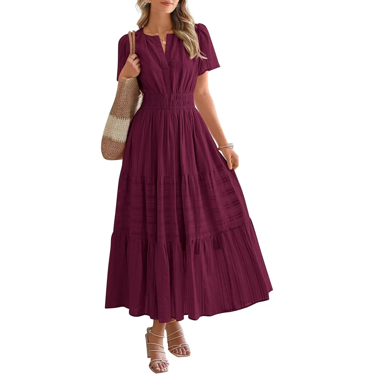 BTFBM Women's Summer 2026 Lightweight Casual Maxi Dress with Short Sleeves, V-Neck, Bohemian Style, and Pockets