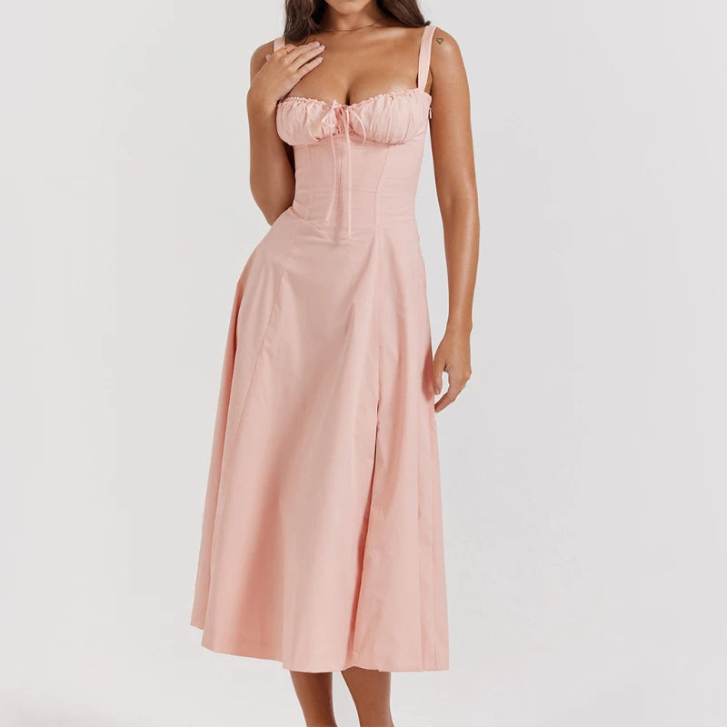 Women's Summer Bohemian Midi Dress with Spaghetti Straps and Tie Front, Floral Print, Sleeveless A-Line Beachwear