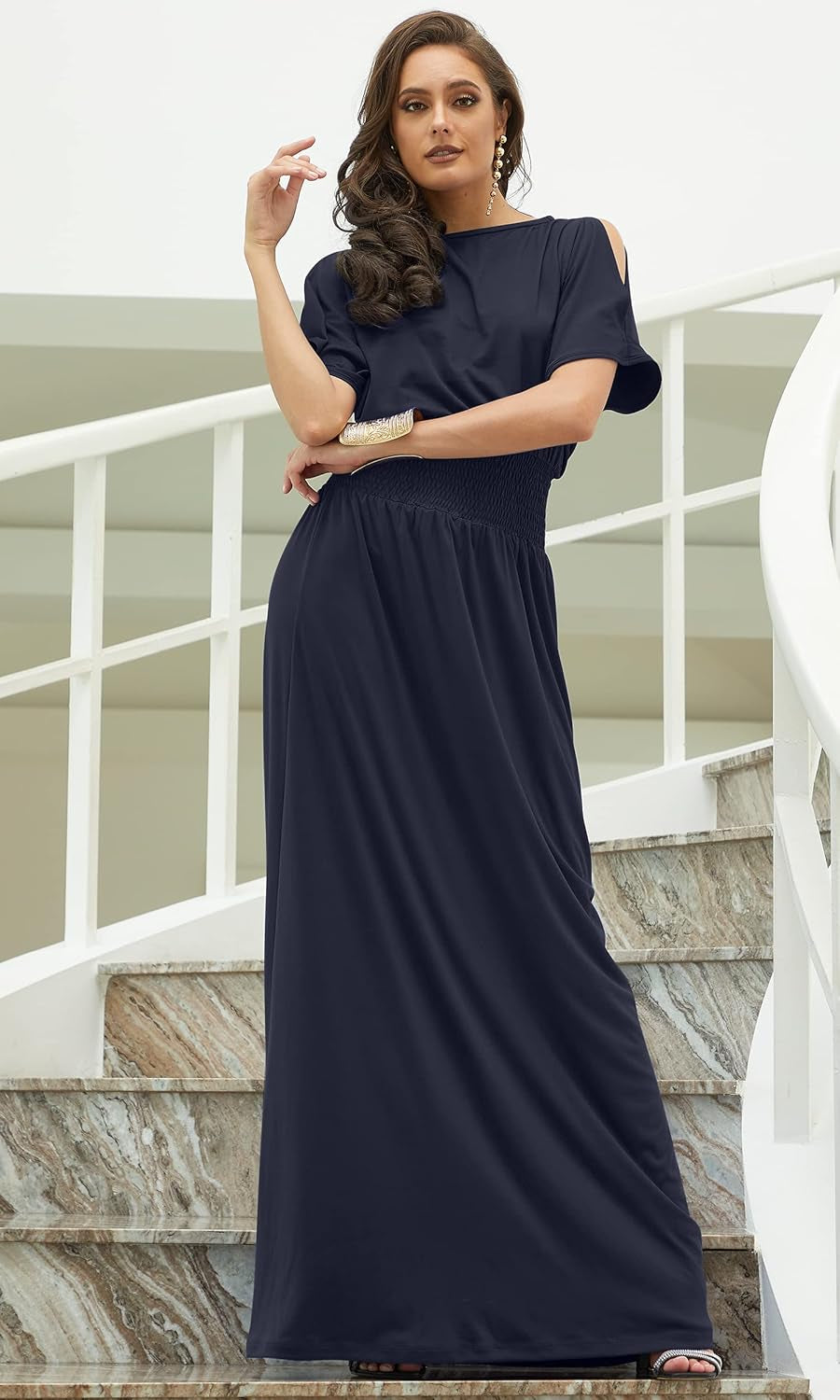 Elegant Women's Long Maxi Dress with Split Sleeves and Smocked Detail