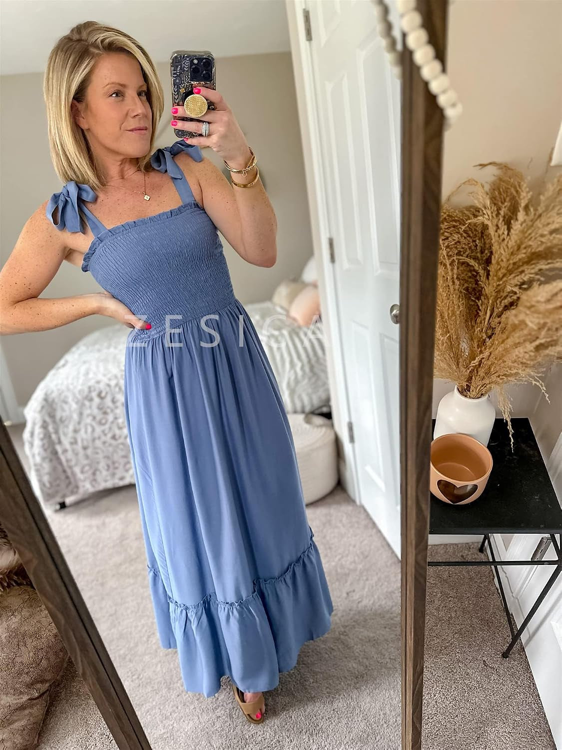 Women'S 2026 Summer Boho Spaghetti Strap Square Neck Solid Color Ruffle a Line Beach Long Maxi Dress