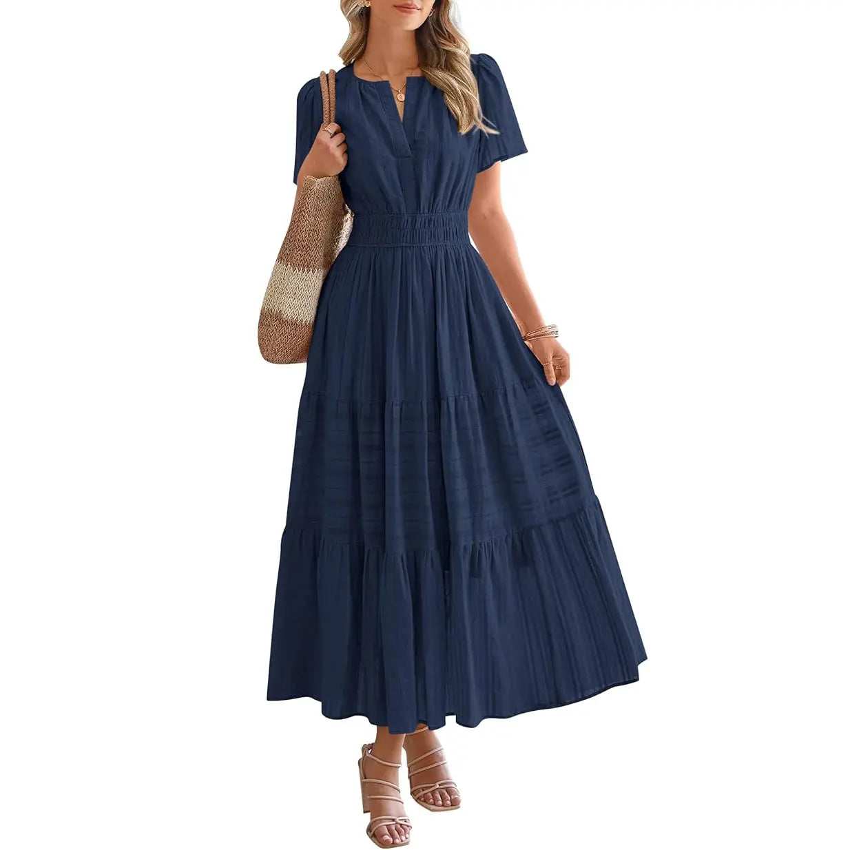 BTFBM Women's Summer 2026 Lightweight Casual Maxi Dress with Short Sleeves, V-Neck, Bohemian Style, and Pockets