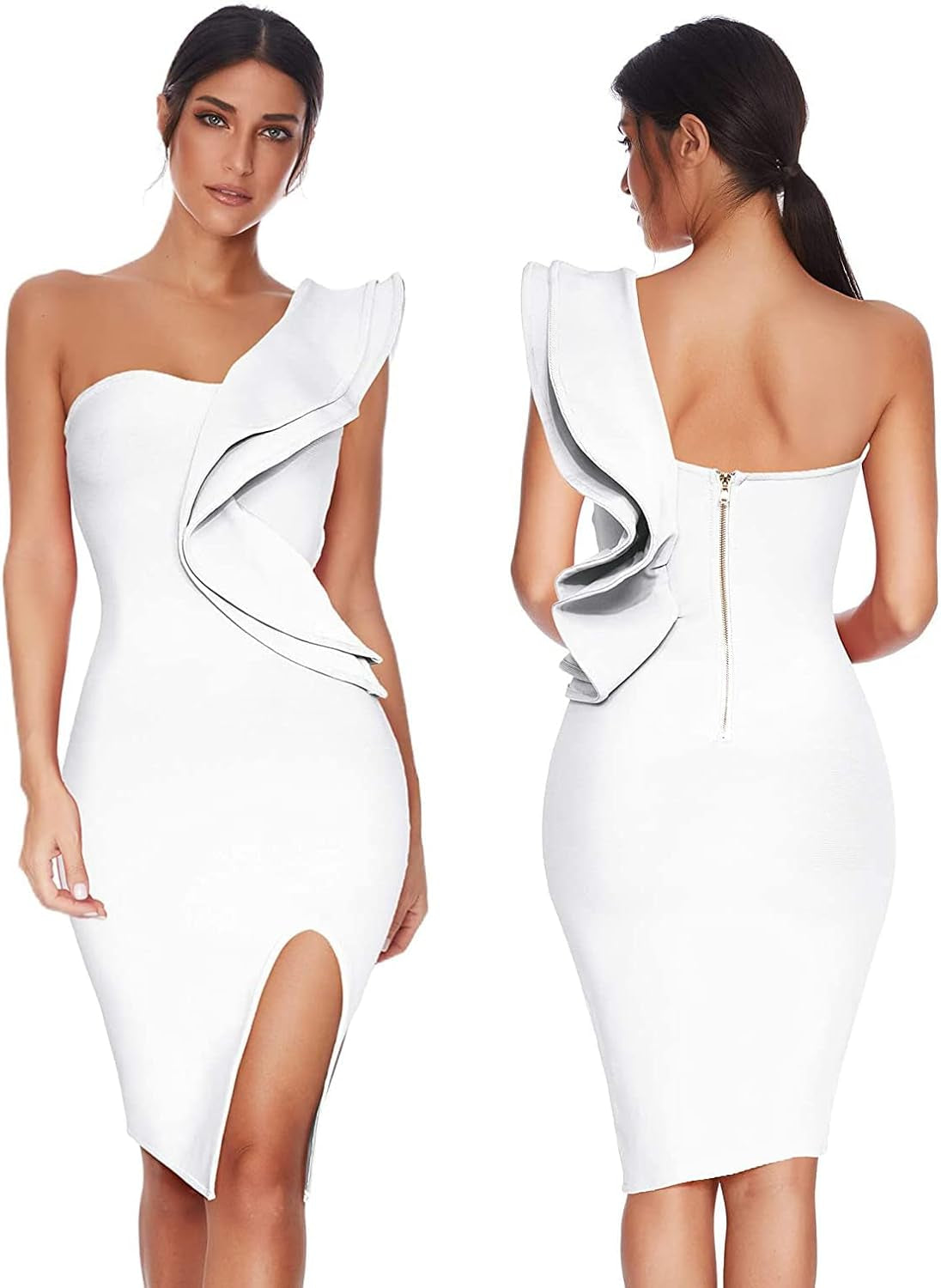 One-Shoulder Ruffle Bodycon Dress with Side Split - Ideal for Wedding Guests
