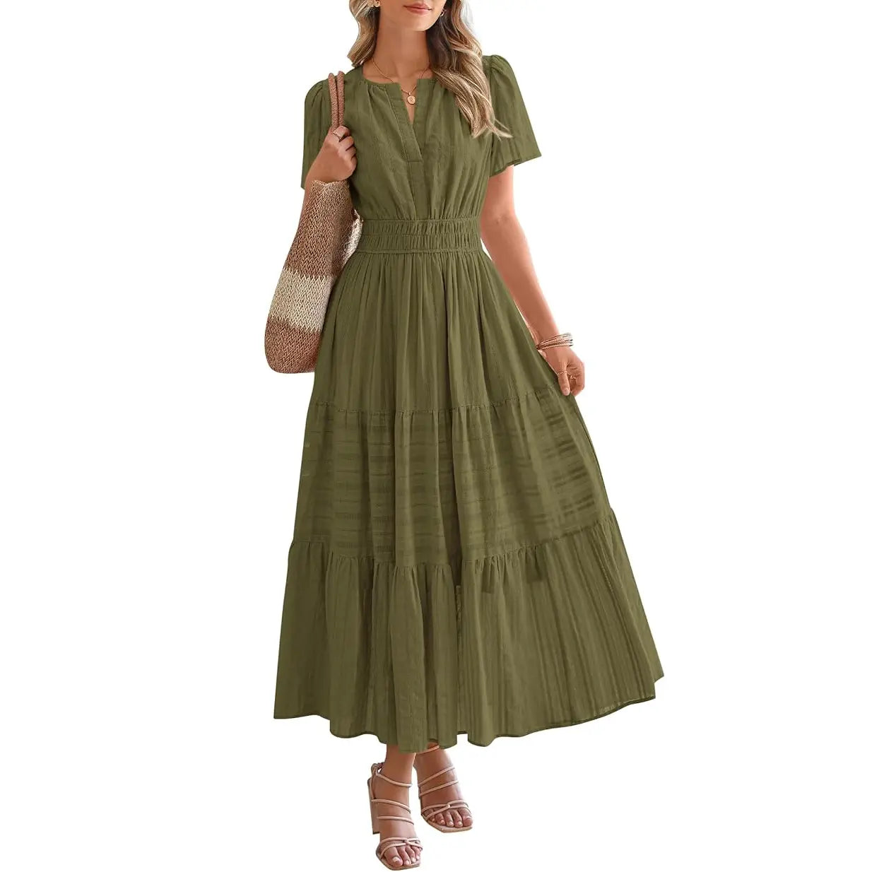 BTFBM Women's Summer 2026 Lightweight Casual Maxi Dress with Short Sleeves, V-Neck, Bohemian Style, and Pockets