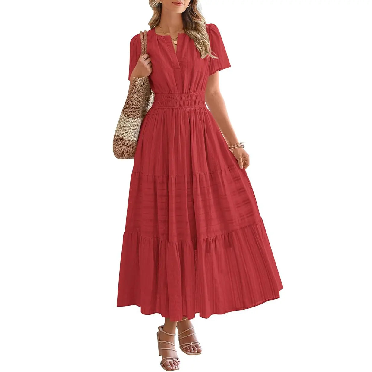 BTFBM Women's Summer 2026 Lightweight Casual Maxi Dress with Short Sleeves, V-Neck, Bohemian Style, and Pockets