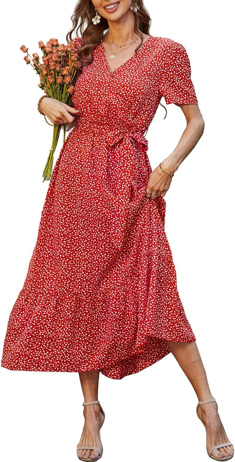 Women's Summer Floral Bohemian Maxi Dress with Short Sleeves, Wrap V-Neck, Ruffle Details, Flowing Design Suitable for Beach Weddings and Guest Attire