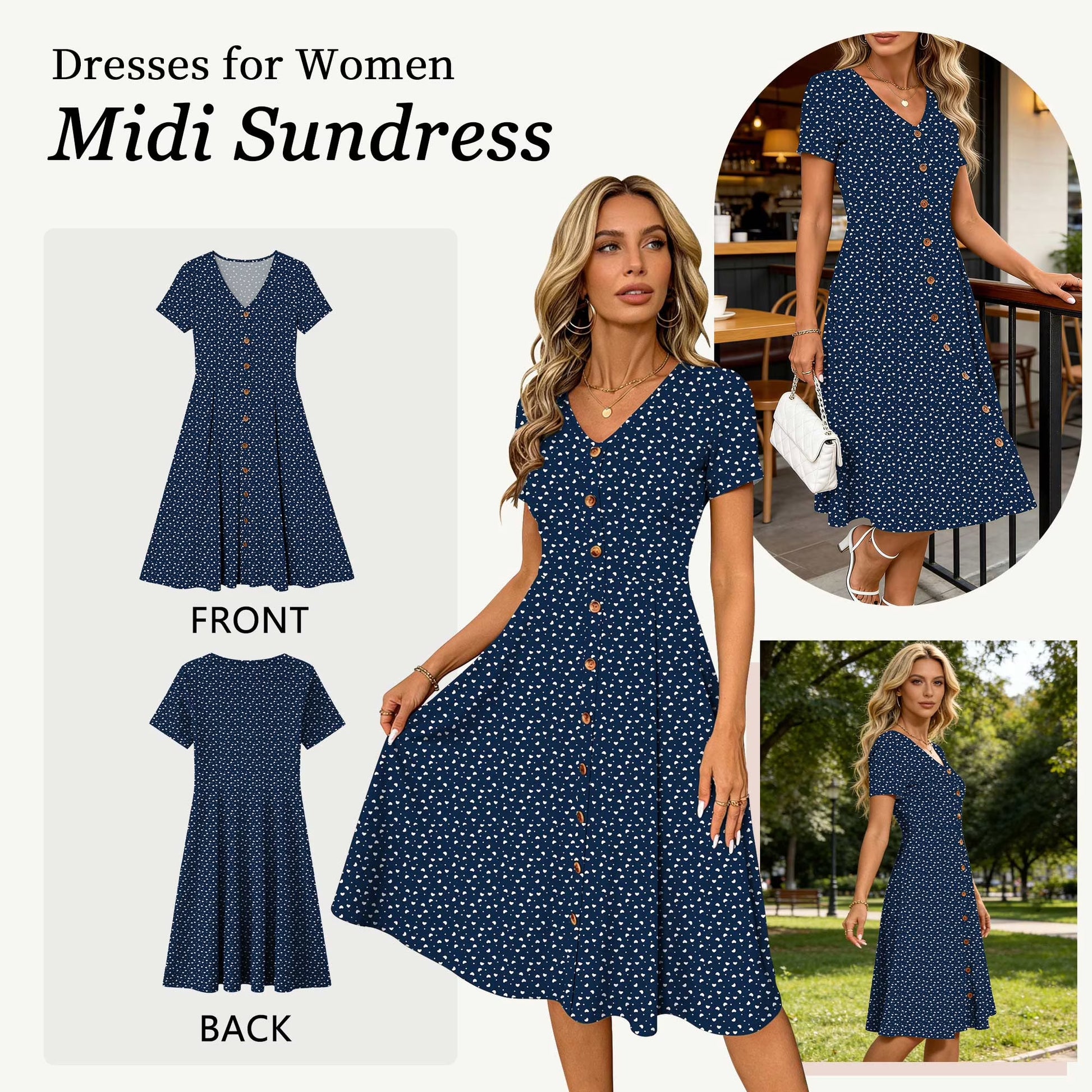Summer Dresses for Women Button Floral Midi Sundress Short Sleeve V Neck Casual Polka Dot Dress L
