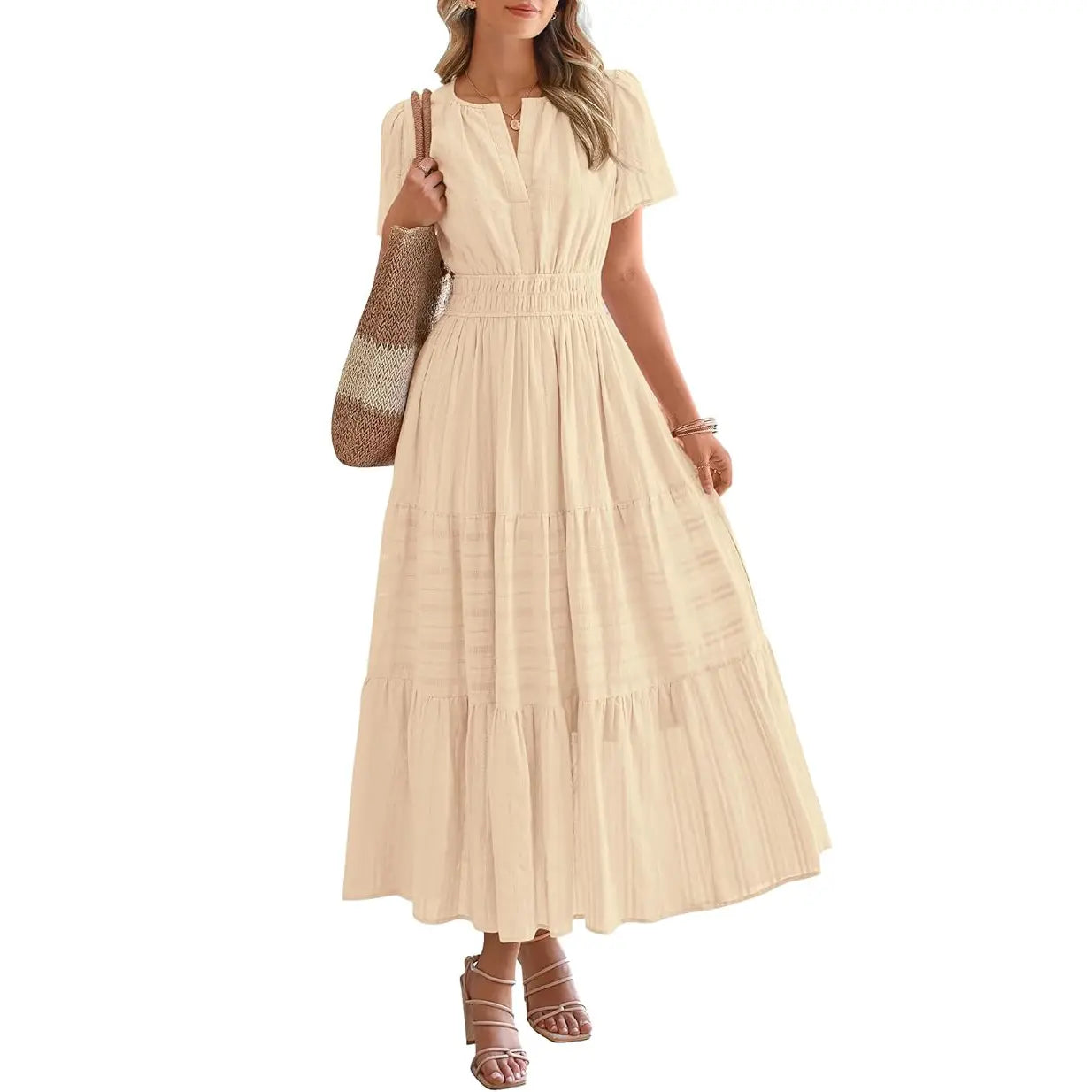 BTFBM Women's Summer 2026 Lightweight Casual Maxi Dress with Short Sleeves, V-Neck, Bohemian Style, and Pockets