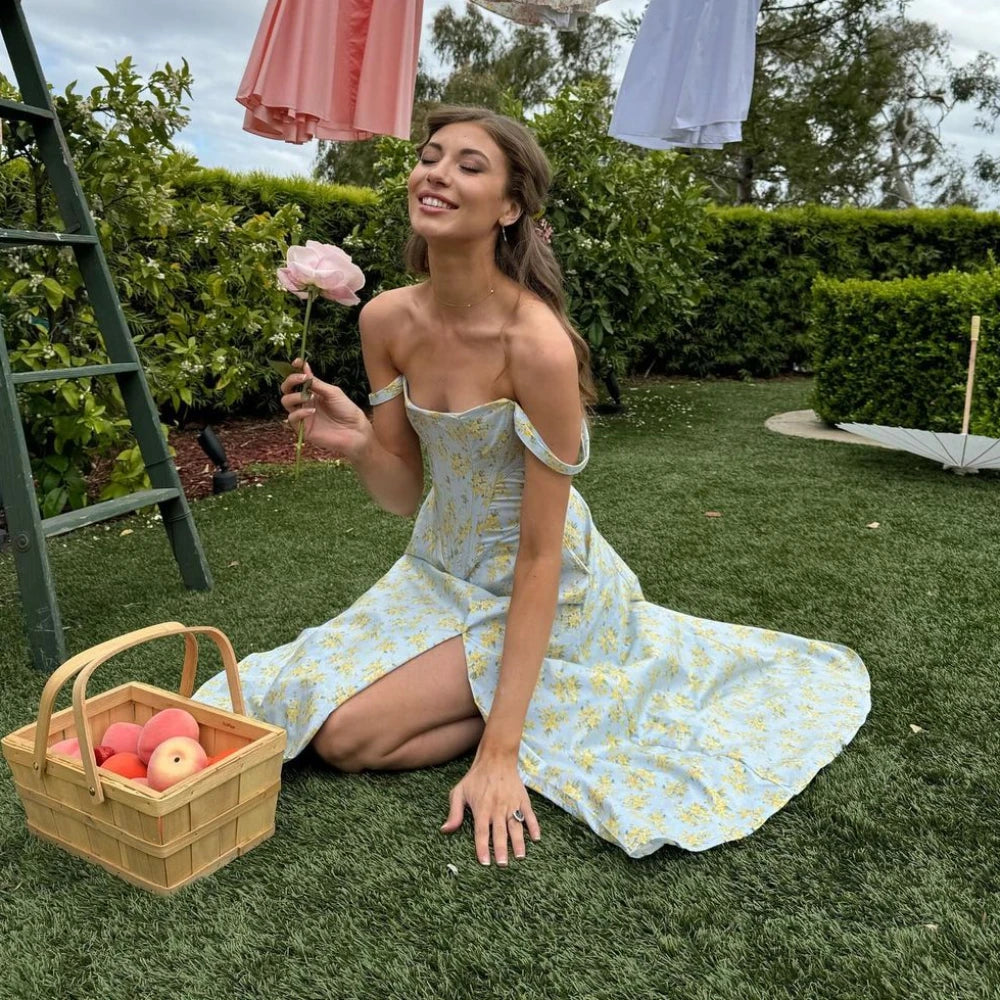 Elegant Summer Corset Dress 2024 New Arrivals Blue Slit Flower Print Flare Dress Midi Casual Lace up Holiday Dress