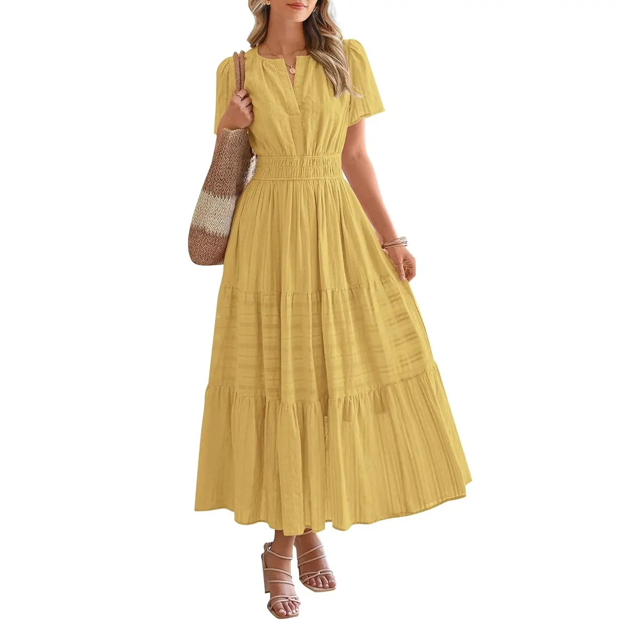 BTFBM Women's Summer 2026 Lightweight Casual Maxi Dress with Short Sleeves, V-Neck, Bohemian Style, and Pockets