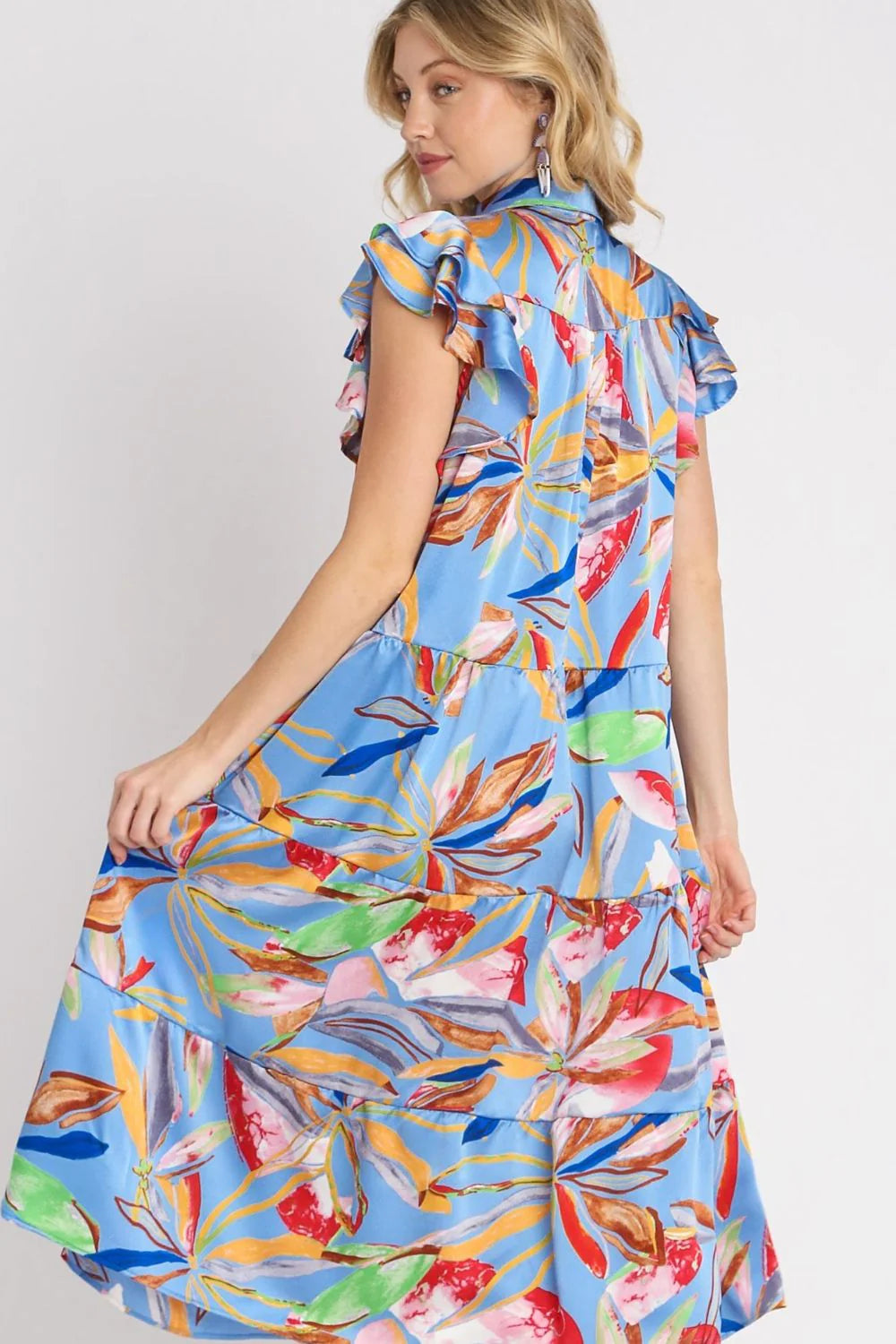Umgee Full Size Leaf Print Double Layered Ruffle Sleeve Tiered Midi Dress plus Size