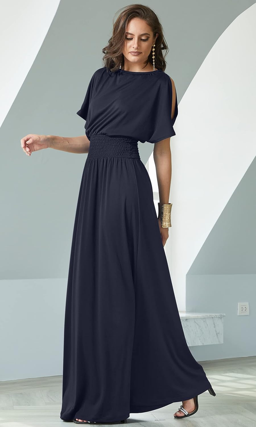 Elegant Women's Long Maxi Dress with Split Sleeves and Smocked Detail