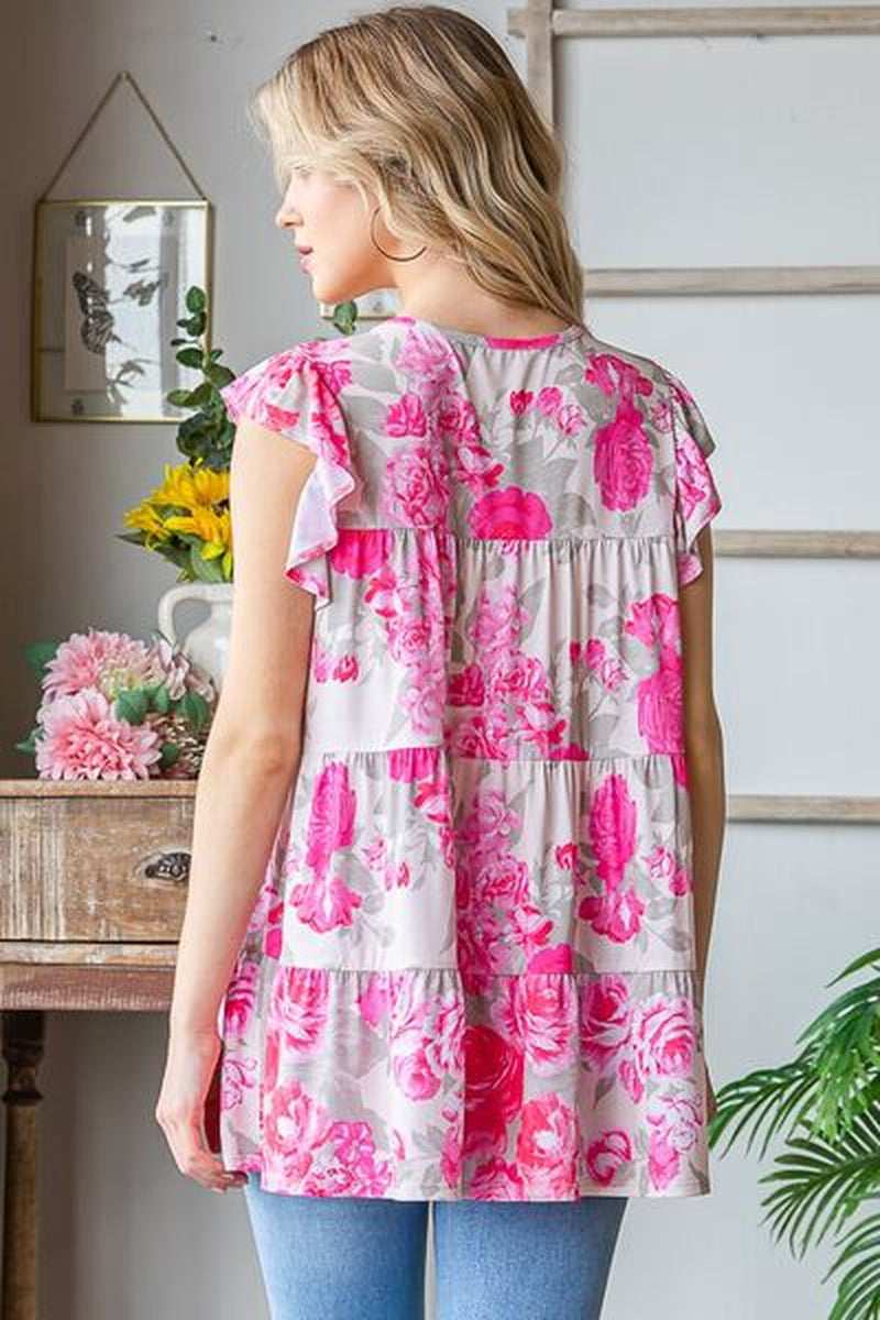 Heimish Full Size Butterfly Sleeve round Neck Floral Tiered Top plus Size